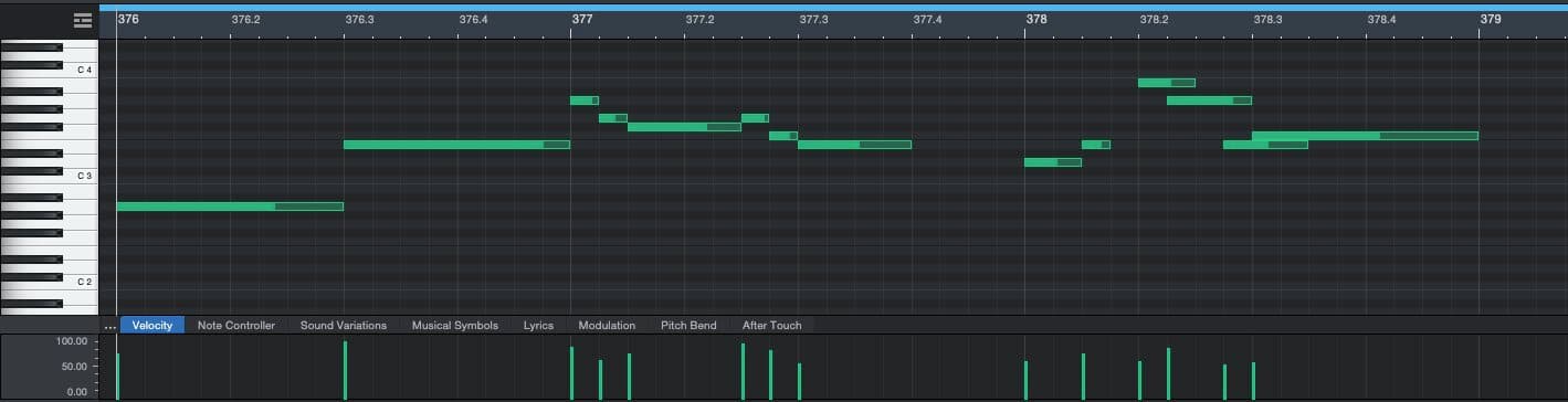 MIDI data within a DAW, with a velocity lane (bottom) to show the velocity value for each note in the sequence